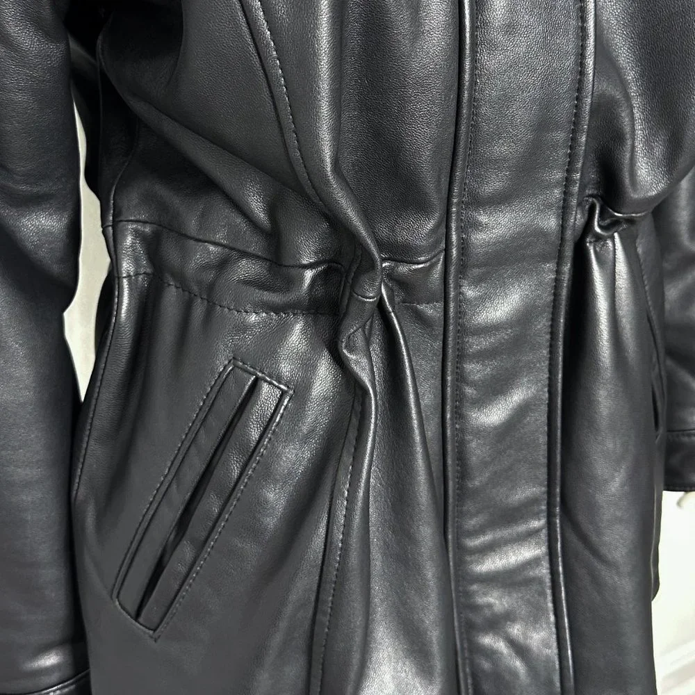 Genuine Lamb Leather Longline Coat Jacket w/ Remove-able Faux Fur Trim Hood - Picture 6 of 16